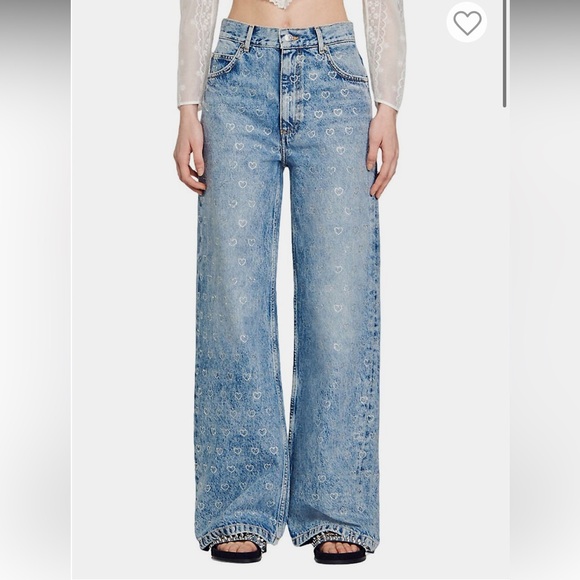 NWT Sandro Cupidon Crystal Heart Embellished Wide-Leg Jeans - Picture 3 of 15